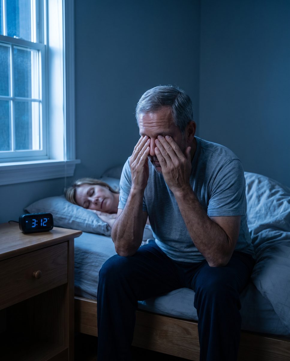 A man sitting on the edge of his bed at 3:12 a.m.