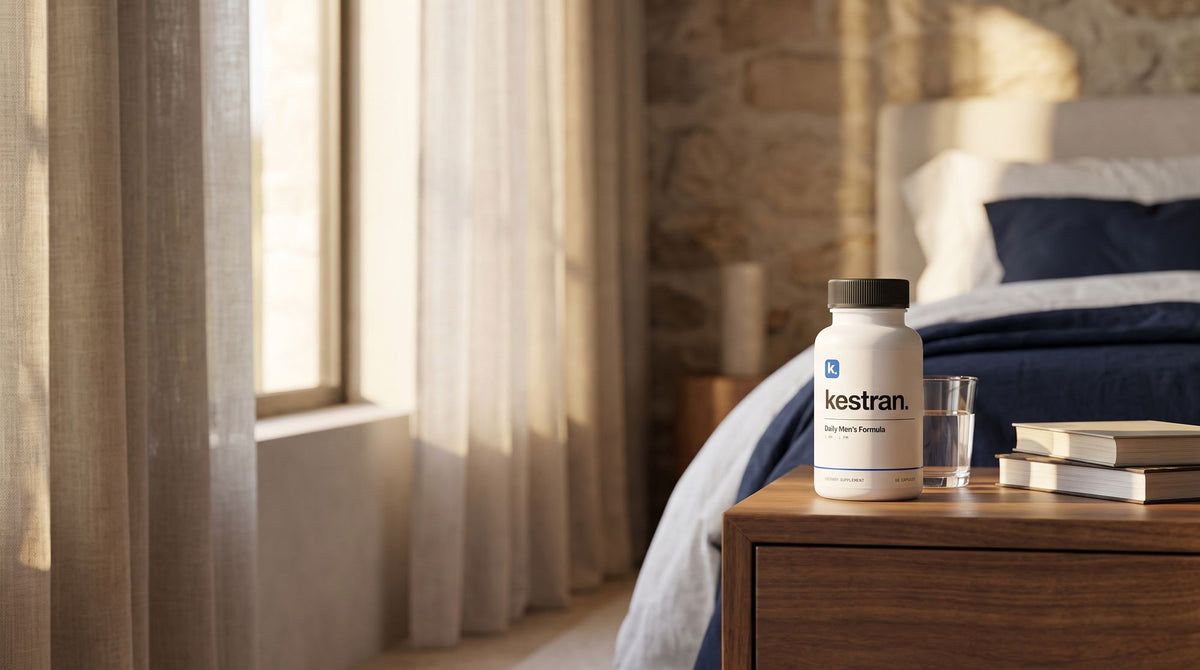 Kestran Daily Men's Formula on a bedside table at sunrise