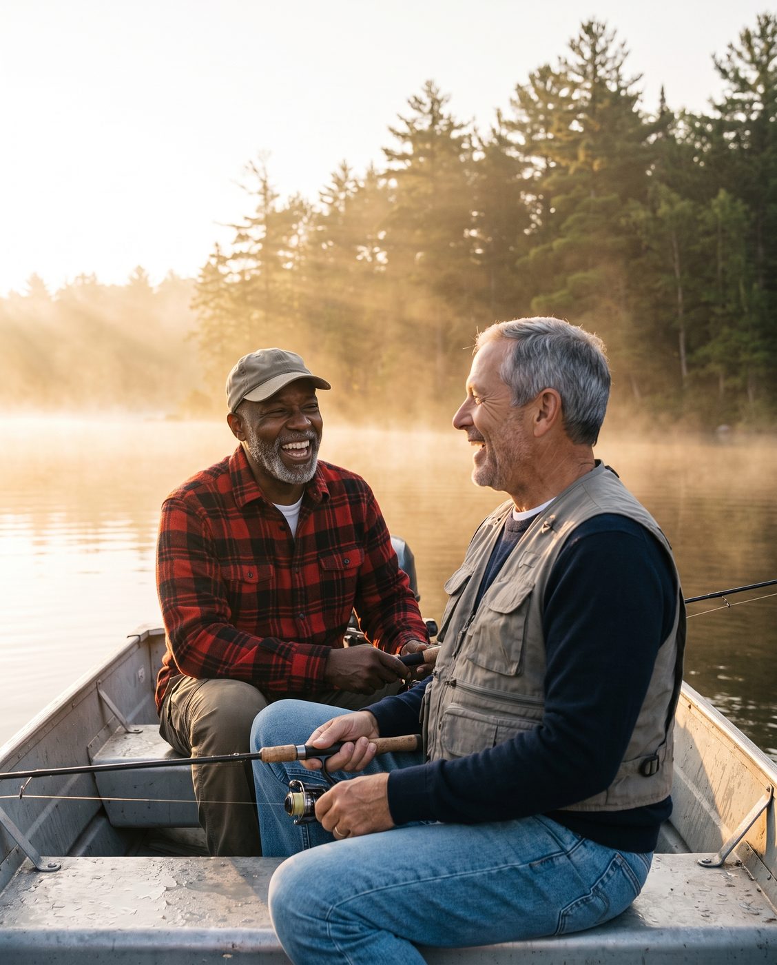Two friends laughing in a fishing boat at sunrise