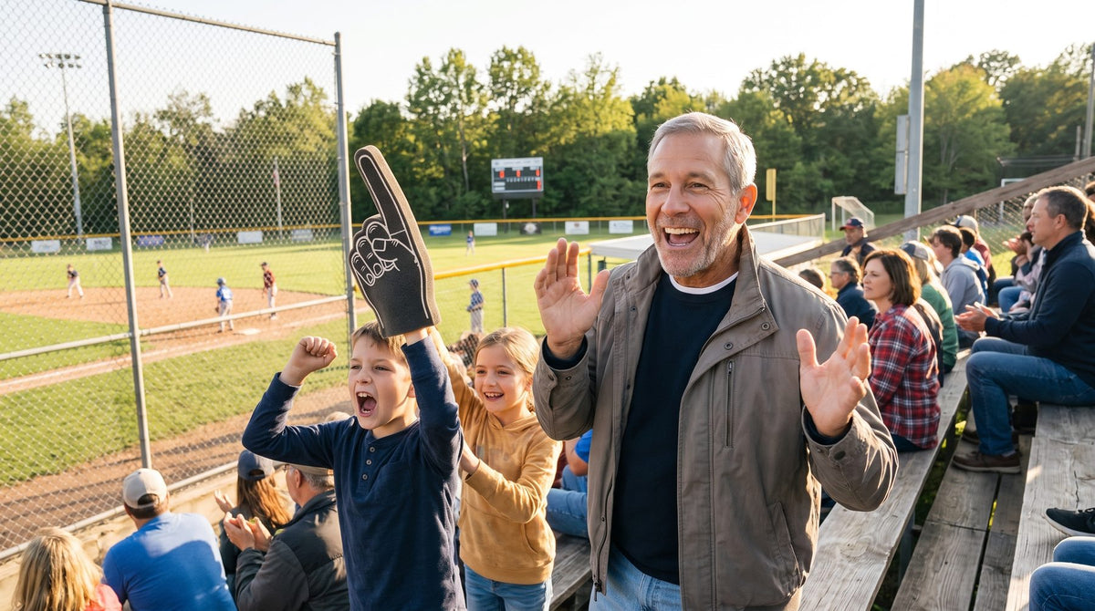 A grandfather cheering at a youth baseball game with his grandchildren