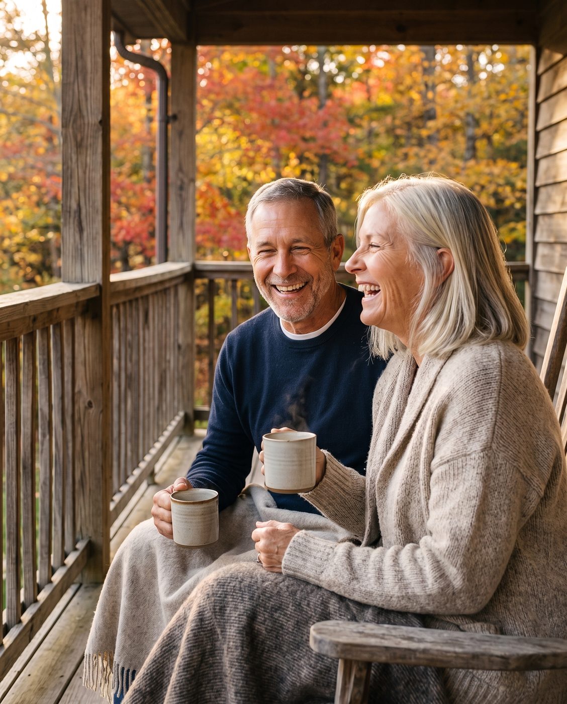 A couple laughing over coffee on a porch