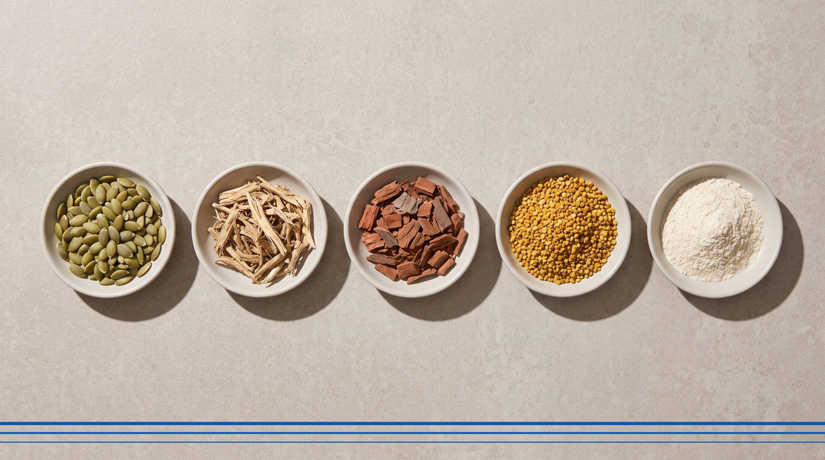 Pumpkin seeds, nettle root, pygeum bark, flower pollen and plant sterols